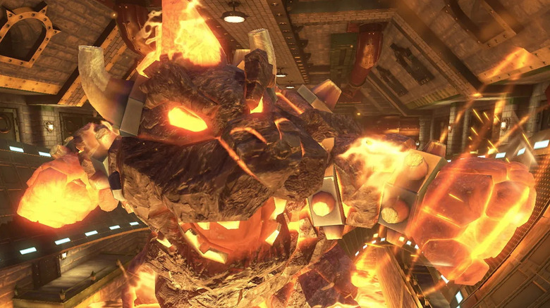 A fiery statue of Bowser punches the track in Mario Kart 8
