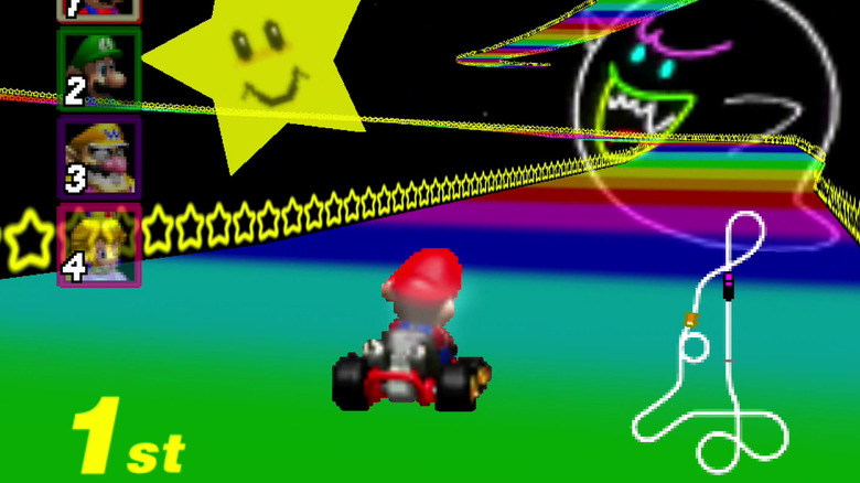 Mario drives on Rainbow Road in Mario Kart 64