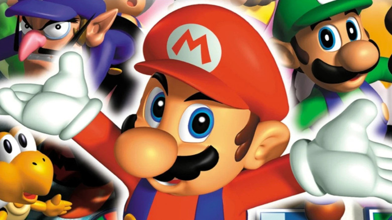 Mario poses triumphantly in front Waluigi and Luigi on the cover art for Mario Party 3