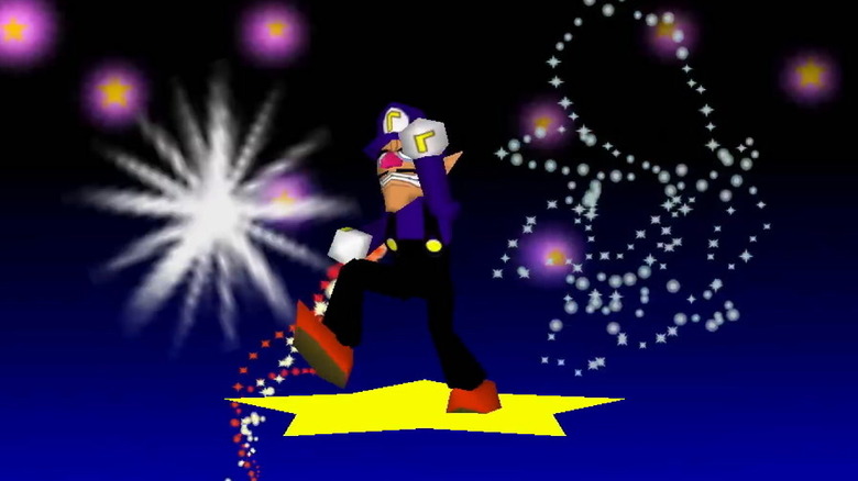 Waluigi poses in front of fireworks in Mario Party 3