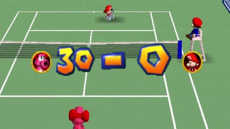 Birdo plays Baby Mario in a tennis match in Mario Tennis