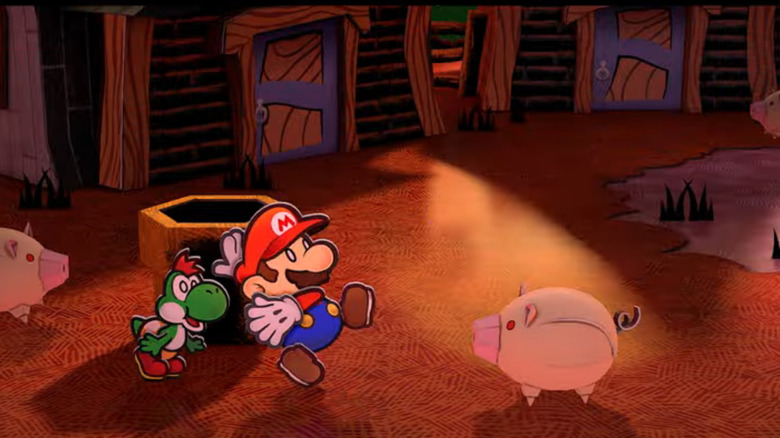 Mario reacts in shock to a pig in Paper Mario: The Thousand-Year Door