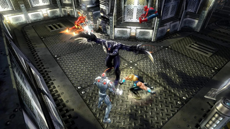 Iron Man, Venom, Thor, and Spider-Man fight Ultron drones in Marvel: Ultimate Alliance