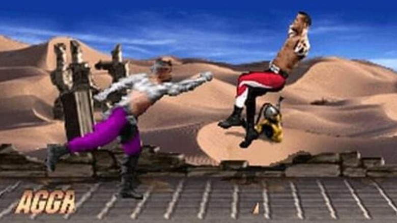 Jax in purple pants punches Jax in red pants in "Mortal Kombat Trilogy" (1996)