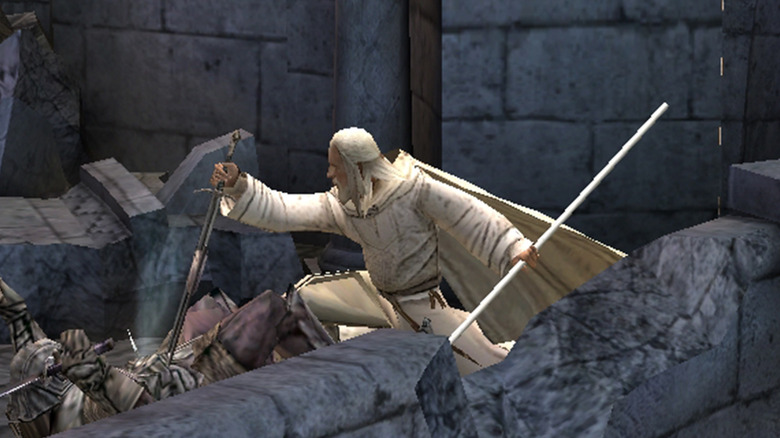 Gandalf the White stabs a fallen orc in The Lord of the Rings: The Return of the King