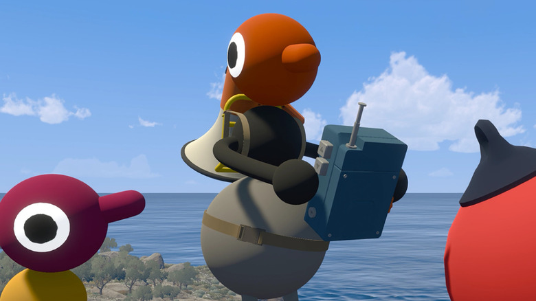 A character works a remote while another character watches in Big Walk