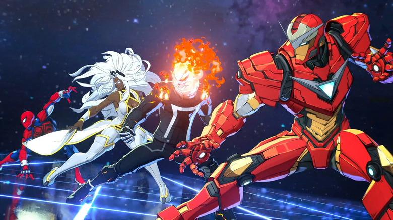 Spider-Man, Storm, Ghost Rider, and Iron Man line up for battle in Marvel Tōkon: Fighting Souls