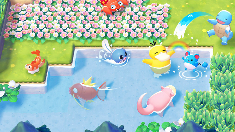 Pokémon play in and around a pond in Pokémon Pokopia