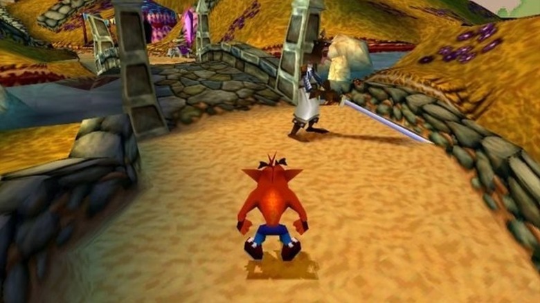 Crash Bandicoot faces a knight with a sword drawn in Crash Bandicoot: Warped
