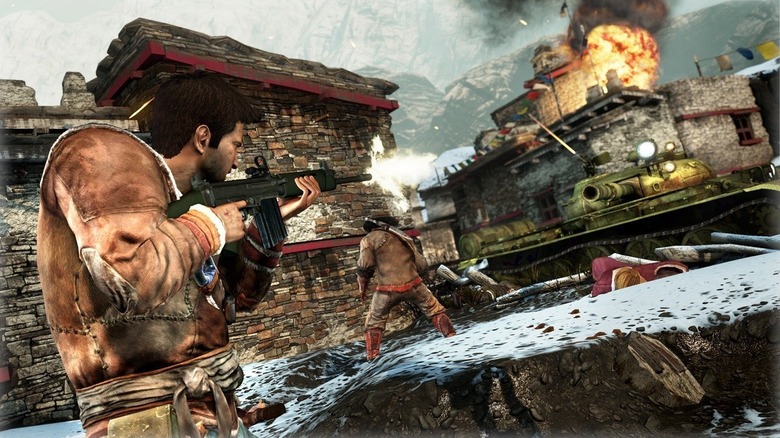 Nathan Drake aims an assault rifle at a tank in Uncharted 2: Among Thieves
