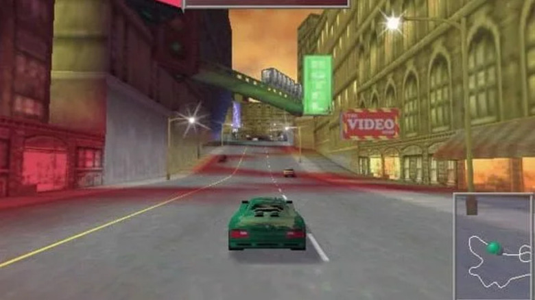 A green sports car drives through a city in the evening in Need for Speed III: Hot Pursuit
