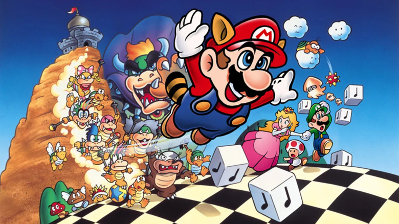 Mario flies away from Bowser and the Koopalings while Luigi runs with Princess Toadstool and Toad on the Japanese cover art for Super Mario Bros. 3