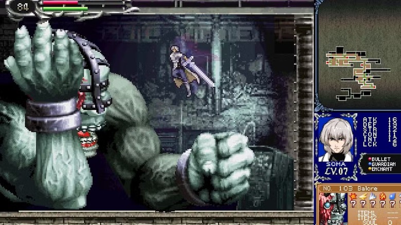 Soma Cruz swinging a sword at a monster in Castlevania: Dawn of Sorrow