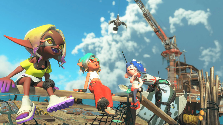 Shiver, Frye, and Big Man sit on a dock in Splatoon Raiders
