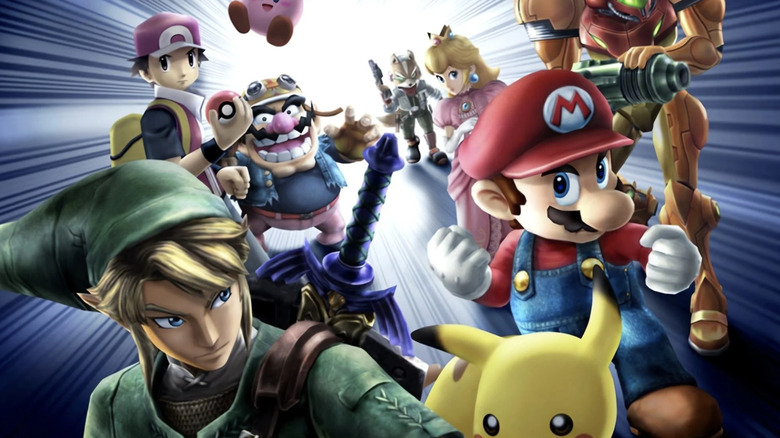 Link, Pokemon Trainer, Wario, Kirby, Fox McCloud, Peach, Mario, Pikachu, and Samus Aran stand together on the cover to Super Smash Bros. Brawl