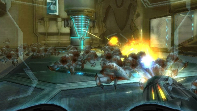 Samus Aran blasts incoming monsters in Metroid Prime 3: Corruption
