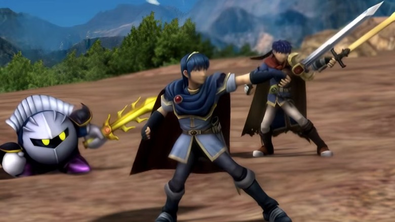 Meta Knight, Marth, and Ike raise their swords in Super Smash Bros. Brawl