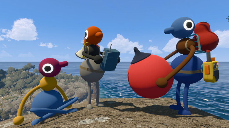 Three characters examine a red orb in Big Walk