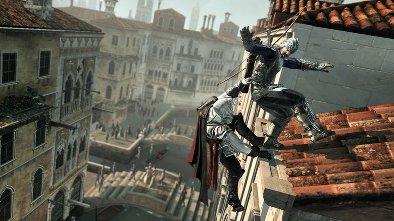 Ezio pulls a knight off a roof in Assassin's Creed 2