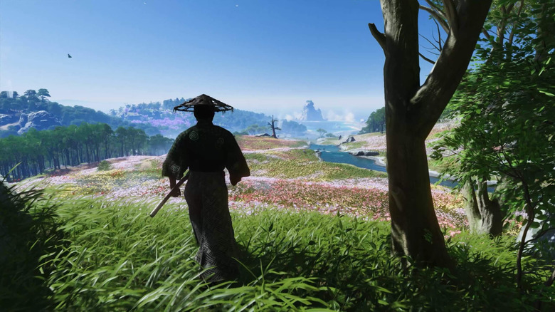 A samurai overlooks a colorful vista of flowers and mountains in Ghost of Tsushima