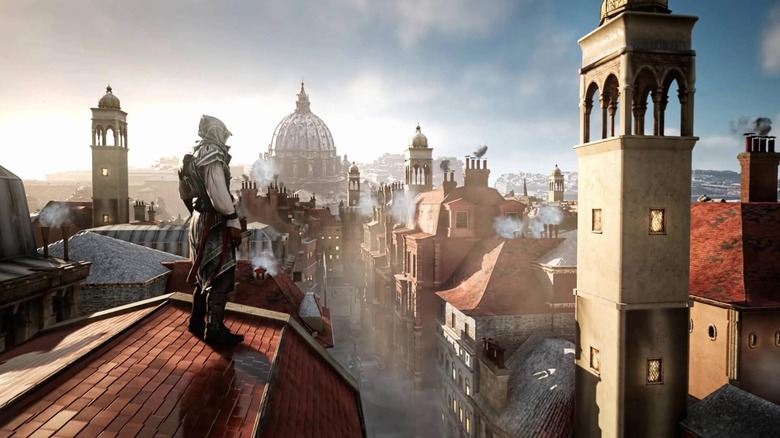 Ezio stands atop a roof overlooking the city in Assassin's Creed 2 (2009)