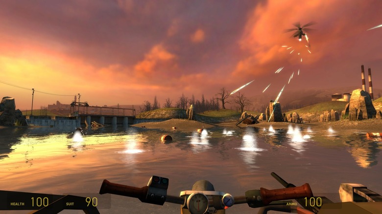 Player on a motorcycle being shot at by helicopter in Half-Life 2