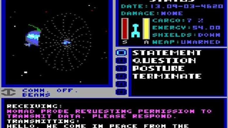 A menu displays an approaching space probe in Starflight