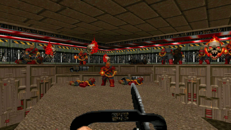 Doomguy advances on demons with a chainsaw in "Doom II" (1994)