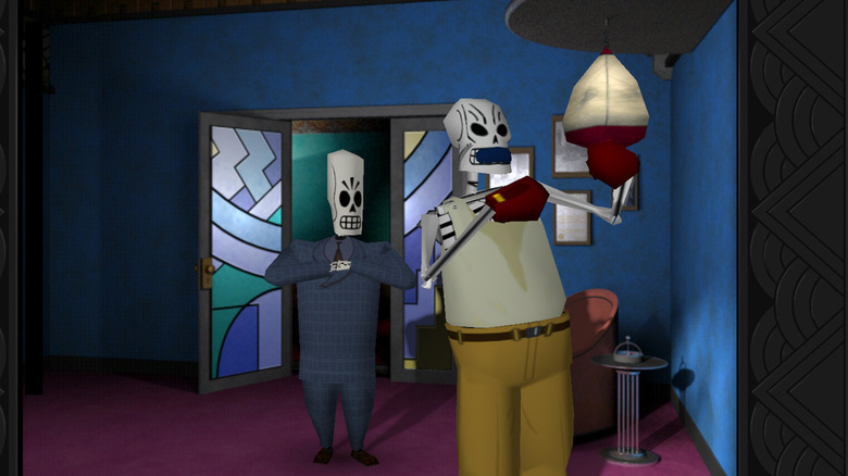 Manny Calavera walks behind a boxer in "Grim Fandango" (1998)