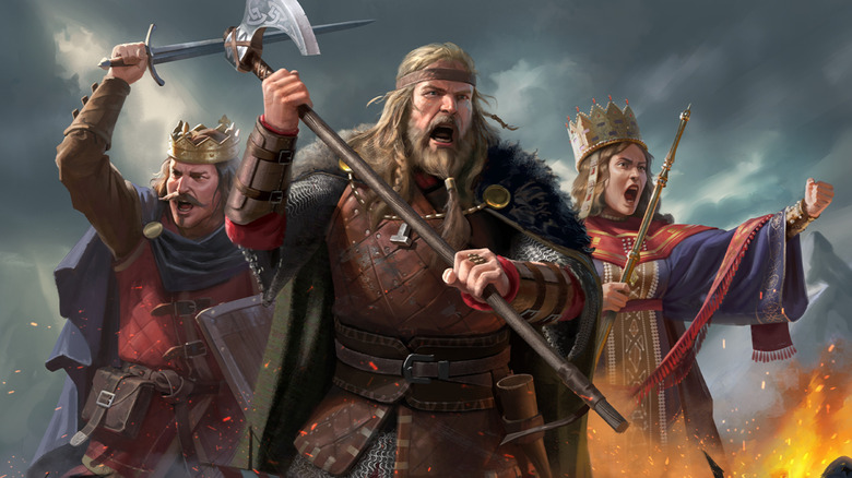 Three Vikings brandish their weapons angrily on promotional artwork for Age of Empires II: Definitive Edition