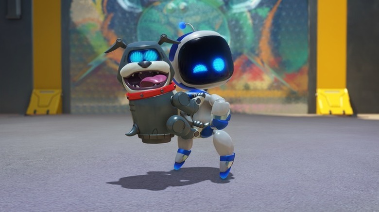 Astro looks back with a smiling dog on his back in Astro Bot