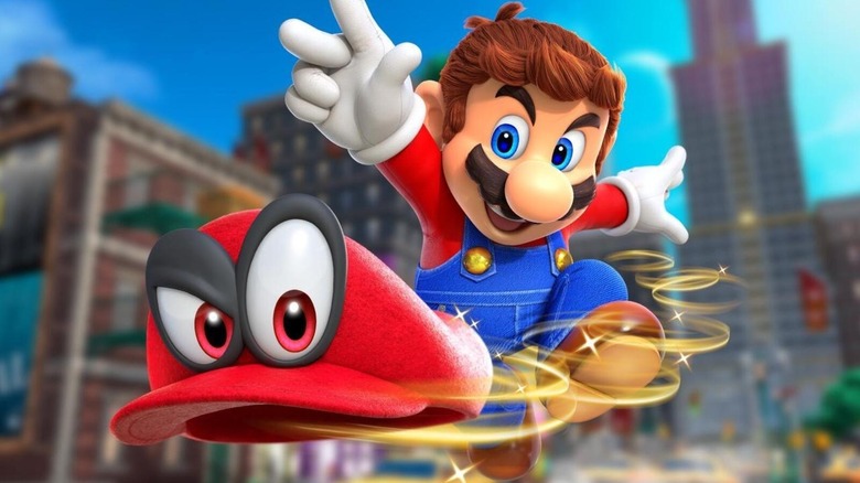 Mario flings Cappy on the cover art for Super Mario Odyssey