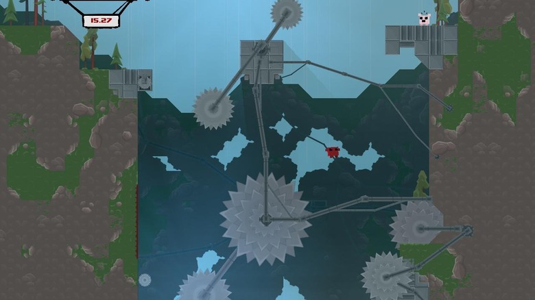 Meat Boy jumps above whirling blades in Super Meat Boy