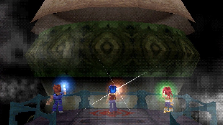 Gala, Vahn, and Noa at the first Mist Generator in Legend of Legaia