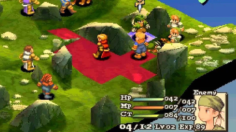 Two squads of medieval warriors fight across rocky hills in "Final Fantasy Tactics" (1997)