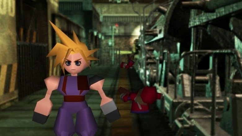 Cloud Strife stands next to complex gears and turbines in "Final Fantasy VII" (1997)