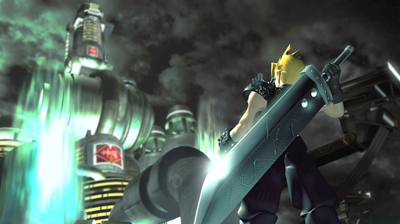 Cloud Strife faces Midgar in "Final Fantasy VII" (1997)