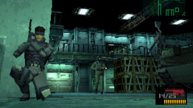Solid Snake crouches against a wall holding a pistol as a soldier approaches in "Metal Gear Solid" (1998)