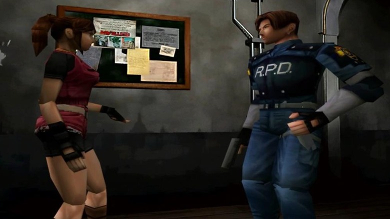 Claire Redfield speaks to Leon S. Kennedy by a bulletin board in "Resident Evil 2" (1998)