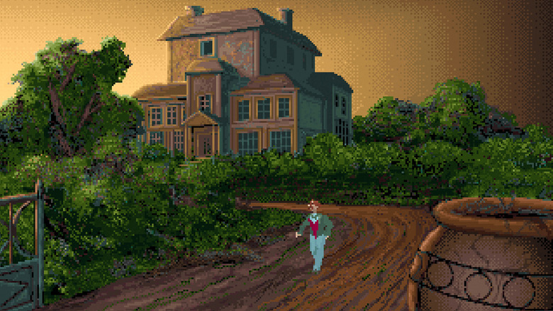 Edward Carnby walks outside a large mansion in Alone in the Dark (1992)