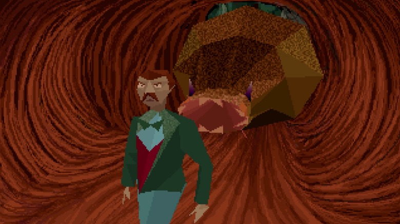 Edward Carnby walks into a nightmarish corridor in Alone in the Dark (1992)