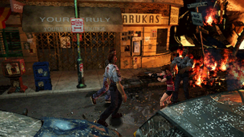 Claire Redfield aims at an advancing zombie in a city street in Resident Evil 2 (1998)