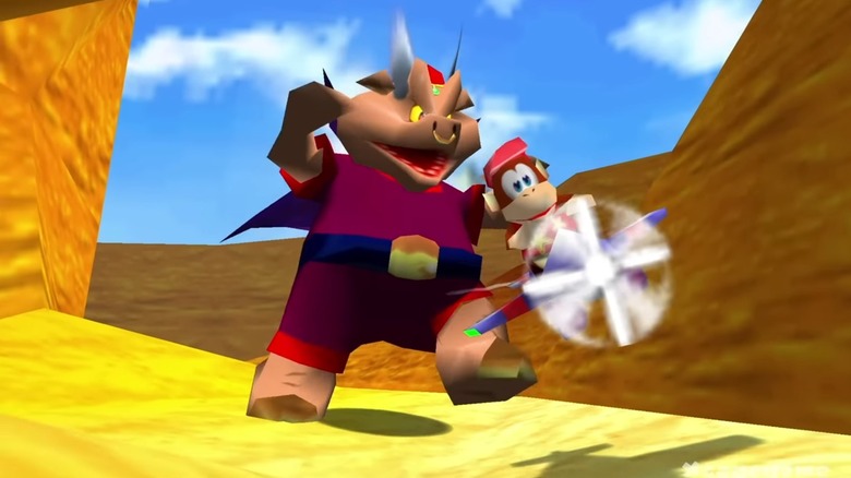Diddy Kong flies a plane being chased by Wizpig in Diddy Kong Racing