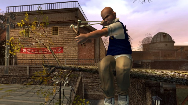 Jimmy sitting on a branch aiming a slingshot in Bully (2006)