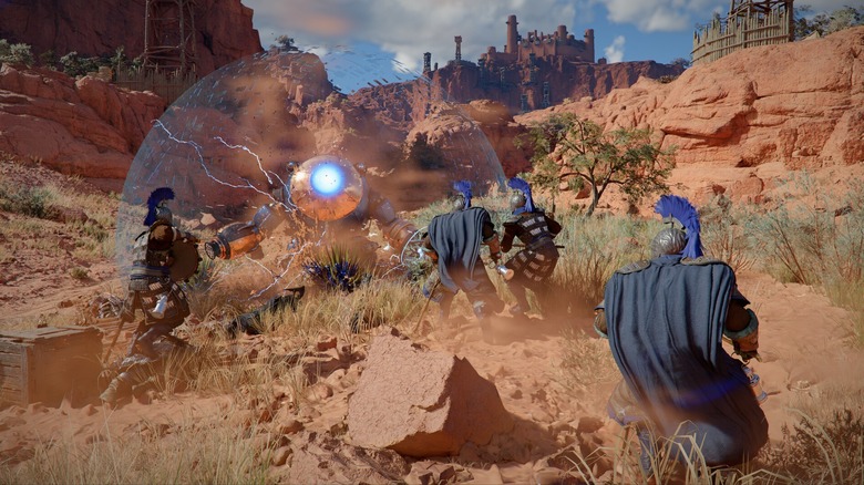 Soldiers fighting an enemy in the desert in Crimson Desert