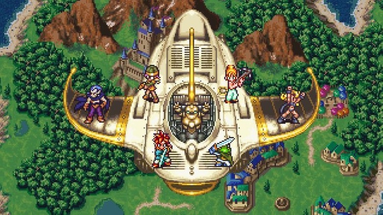Crono and his friends ride their time machine in Chrono Trigger