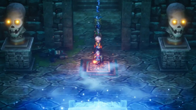 Hero leads his friends towards a glowing pool in Dragon Quest III HD-2D