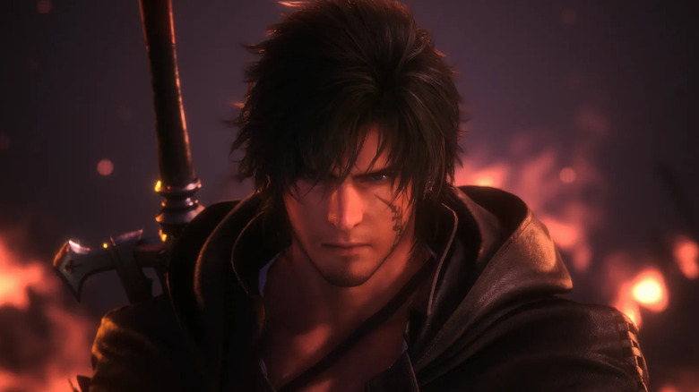 Clive stands with his sword slung over his shoulder in Final Fantasy XVI