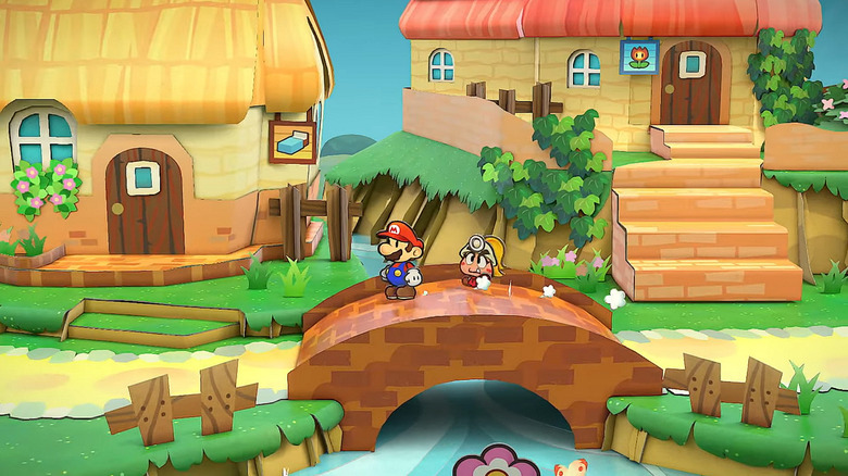 Mario and Goombella walk across a village bridge in Paper Mario: The Thousand-Year Door