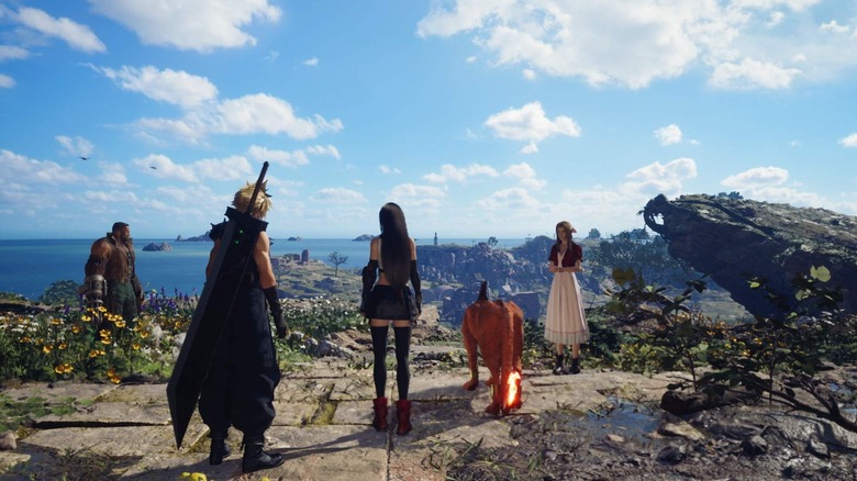 Cloud Strife and his friends look over a coastline in Final Fantasy VII Rebirth